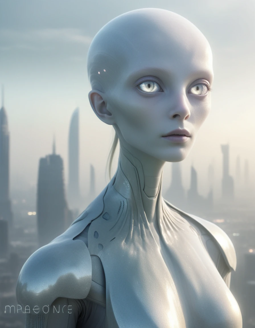 Androgynous Alien Figure Overlooking Misty Futuristic City