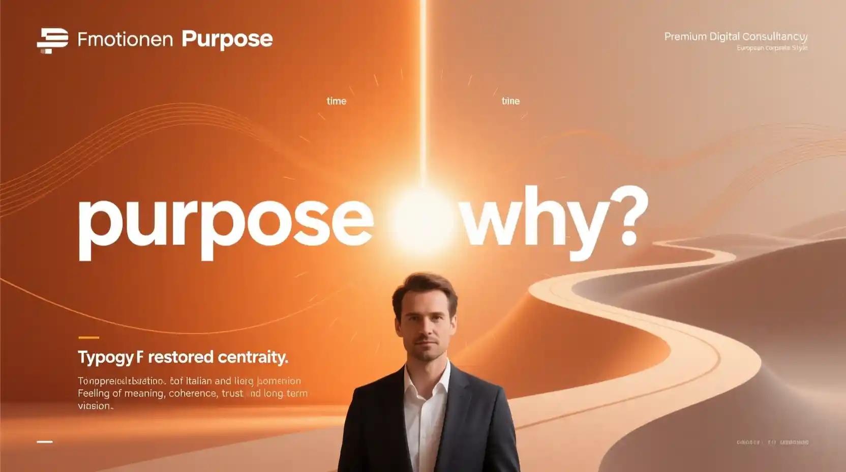 Modern brand purpose slide with centered entrepreneur figure