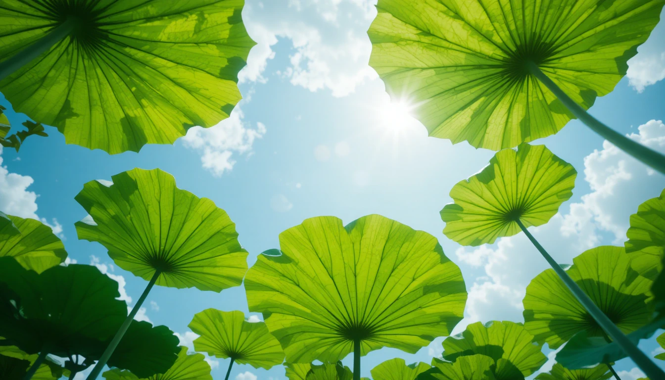 Sunlit lotus leaves from a low angle against blue sky
