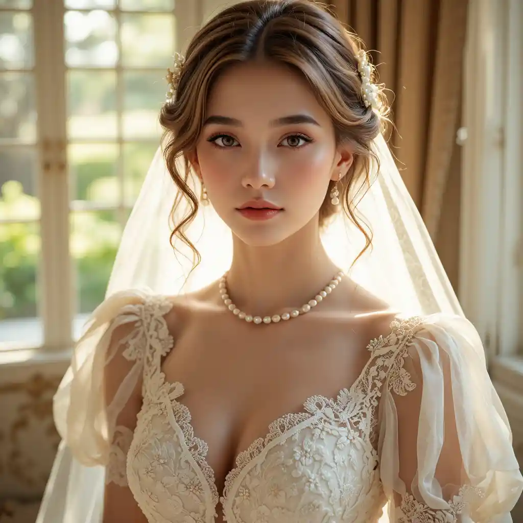 Romantic bridal portrait in vintage lace and pearls