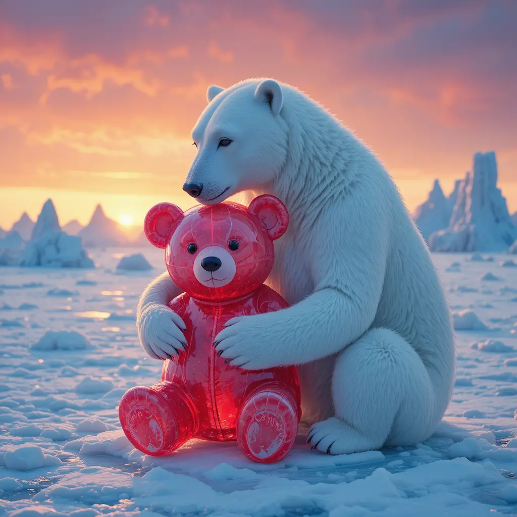 Polar bear mother and cub hugging red ice teddy sculpture