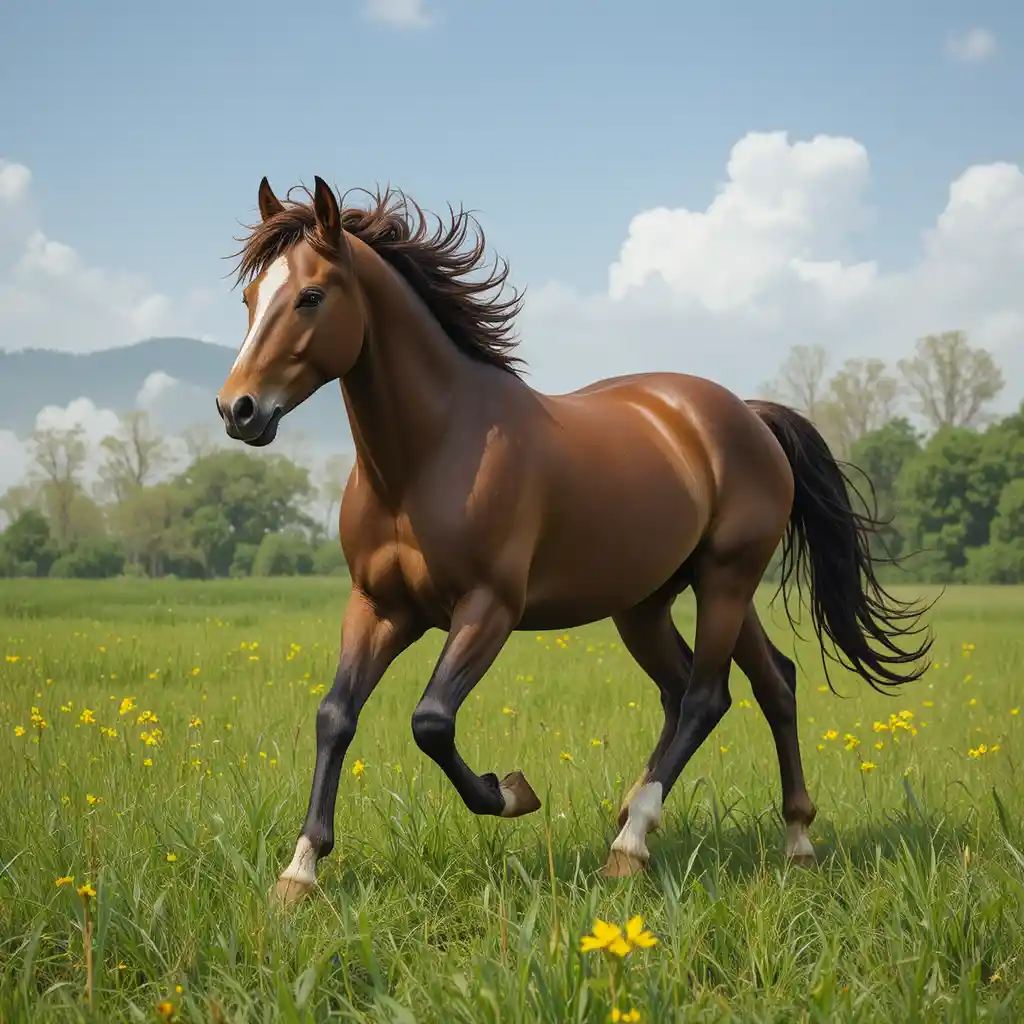 Horse running across a lush green field in mid stride