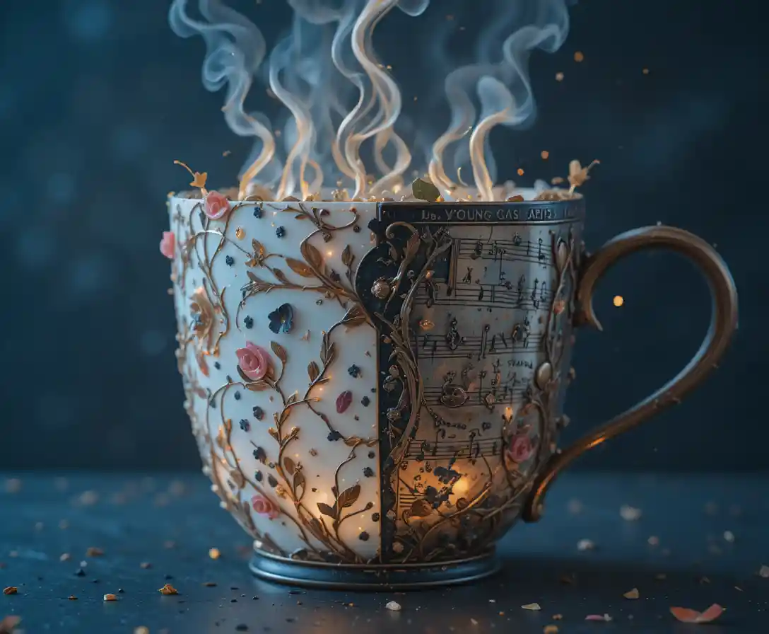 Taza de café geométrica surrealista que se transforma en una ornamentada máscara de carnaval