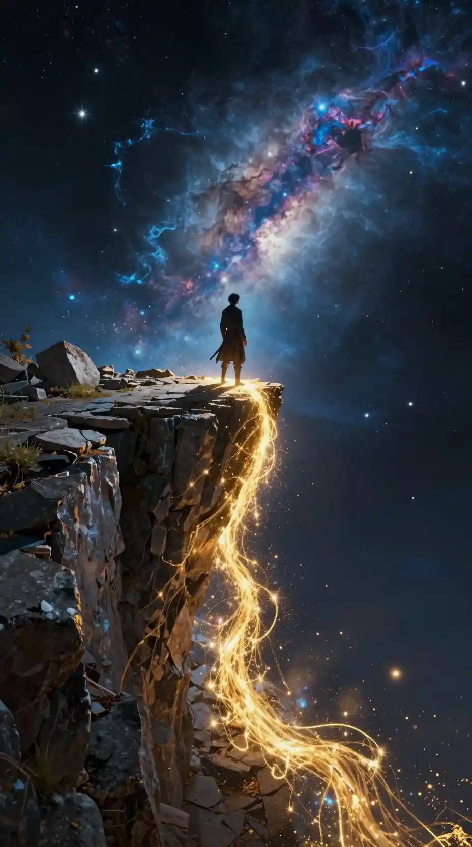 Lone figure weaving a glowing path above the void