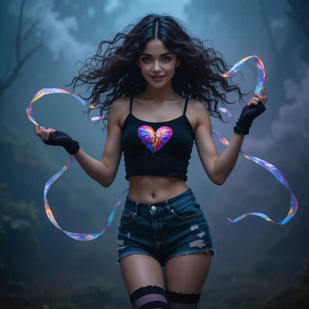Emo girl dancing in fog with shimmering ribbon
