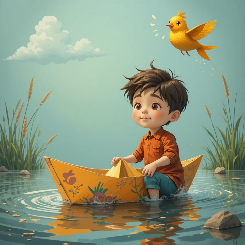 Niño sonríe al ver regresar su barco de papel