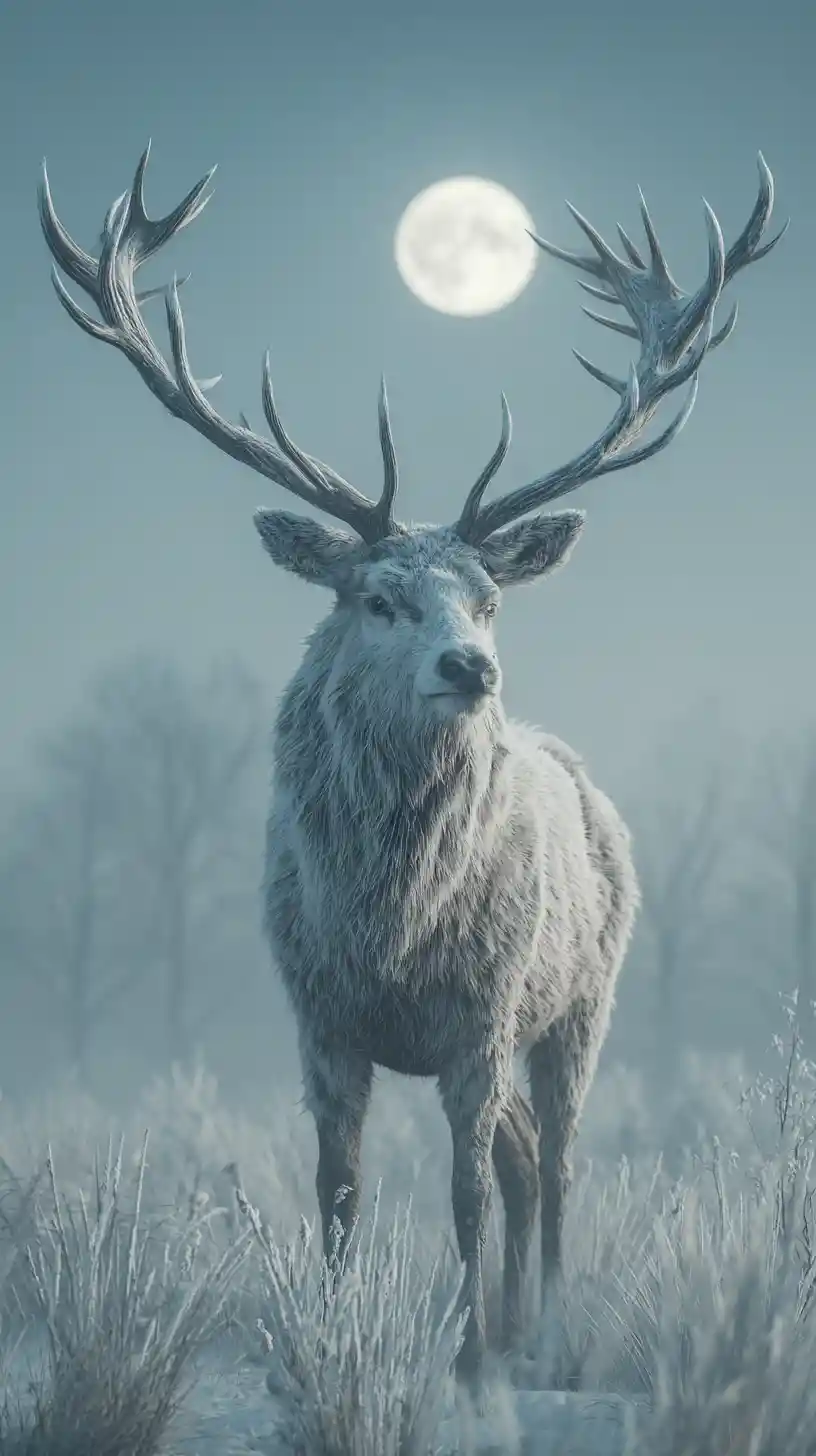 Majestic stag in frosted meadow under fading moon