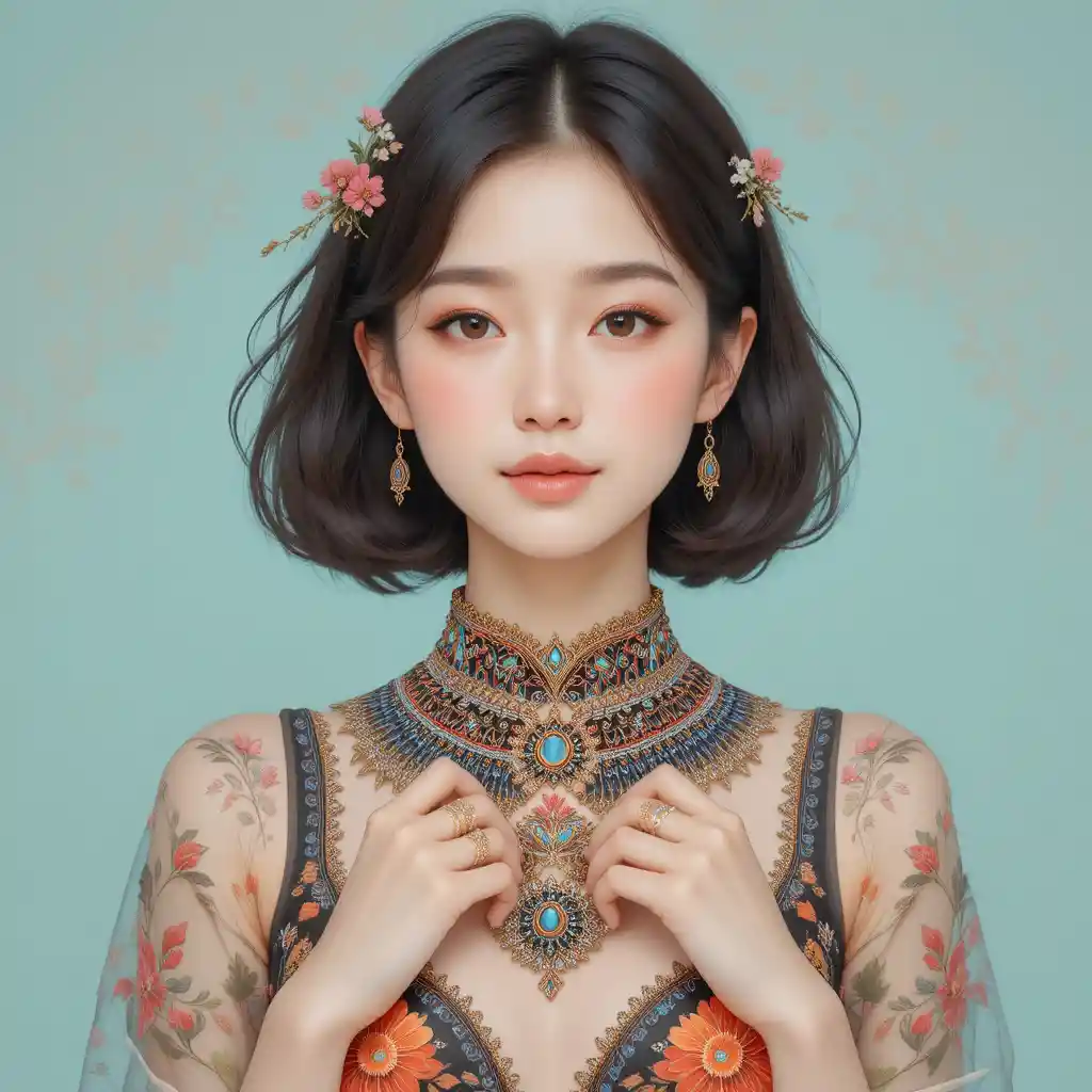 Young Asian woman portrait with floral jewelry