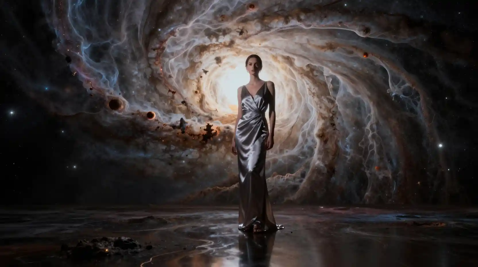 Woman in indigo beneath glowing nebula sky