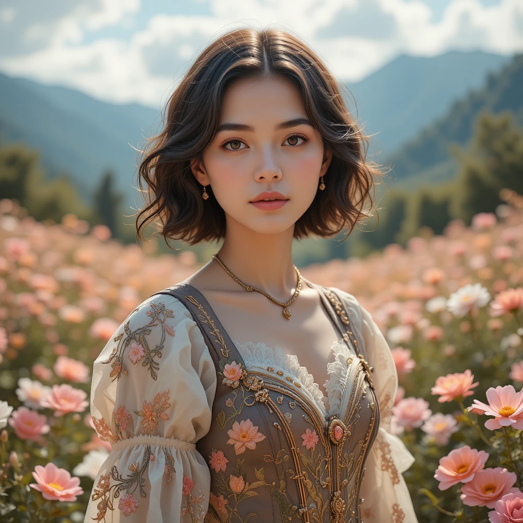 Young woman in a floral fantasy garden landscape
