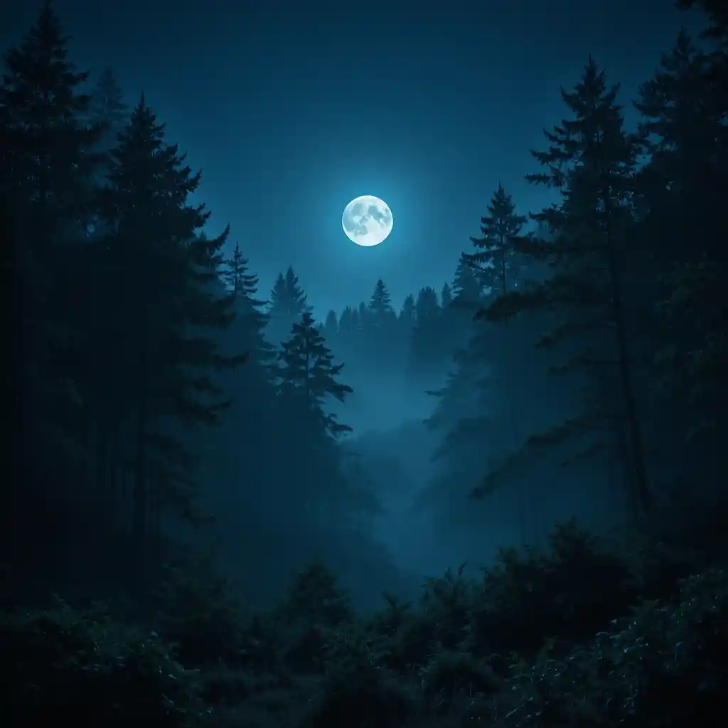 Dreamy night forest with moonlight and gentle fog