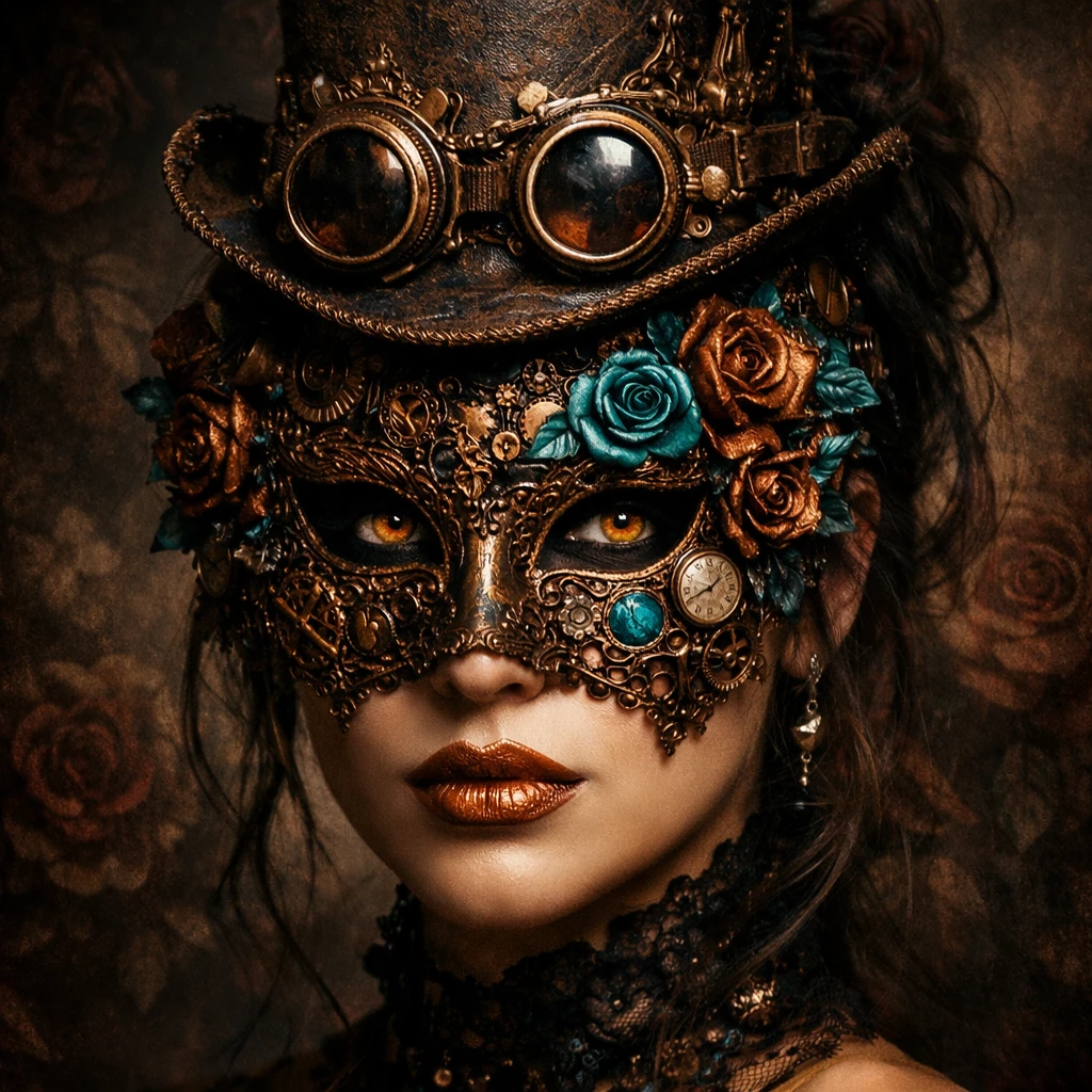 Surreal steampunk woman in venetian mask and top hat portrait