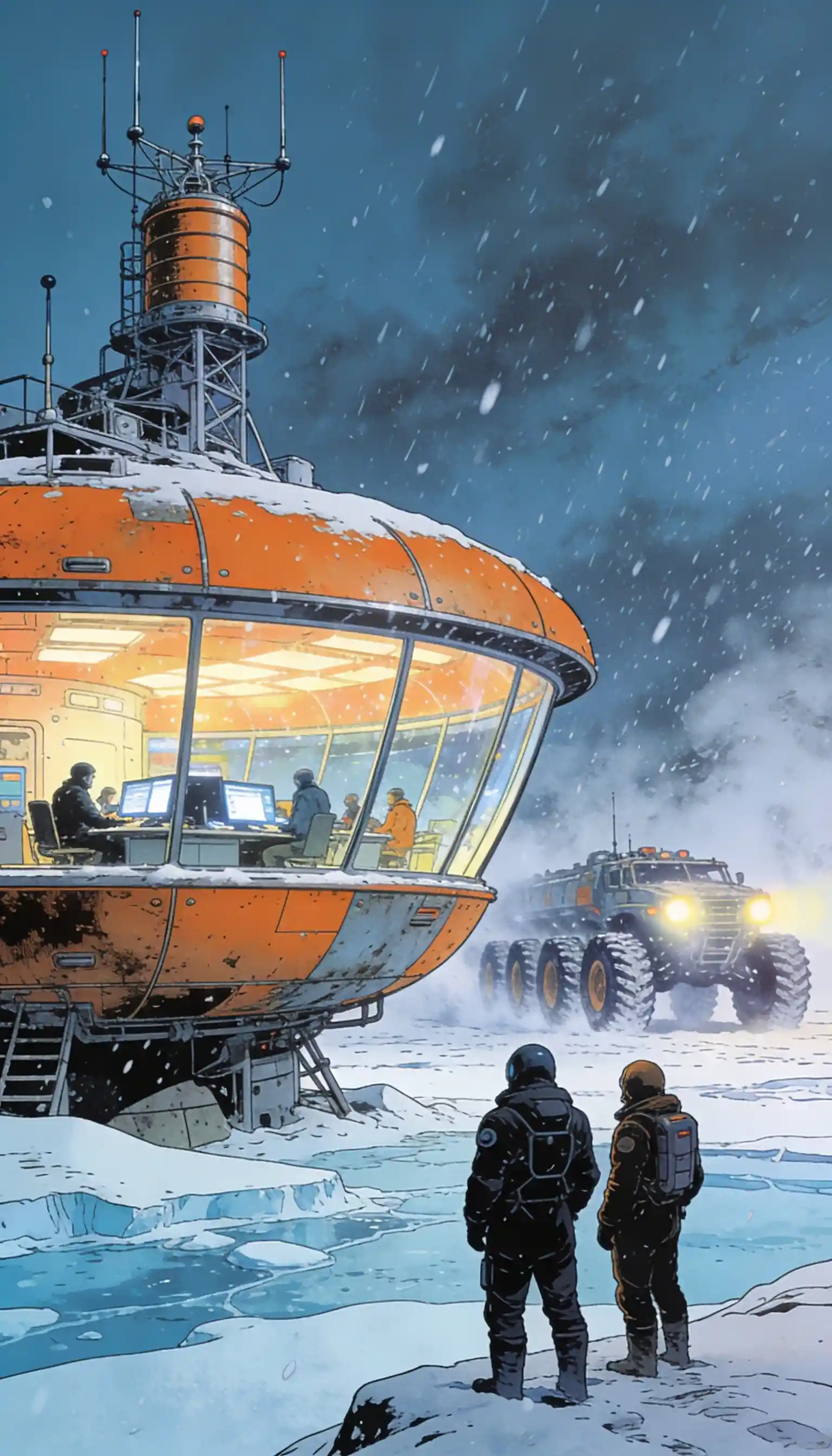 Sopravvissuti futuristici si avvicinano a un avamposto arancione in una bufera di neve