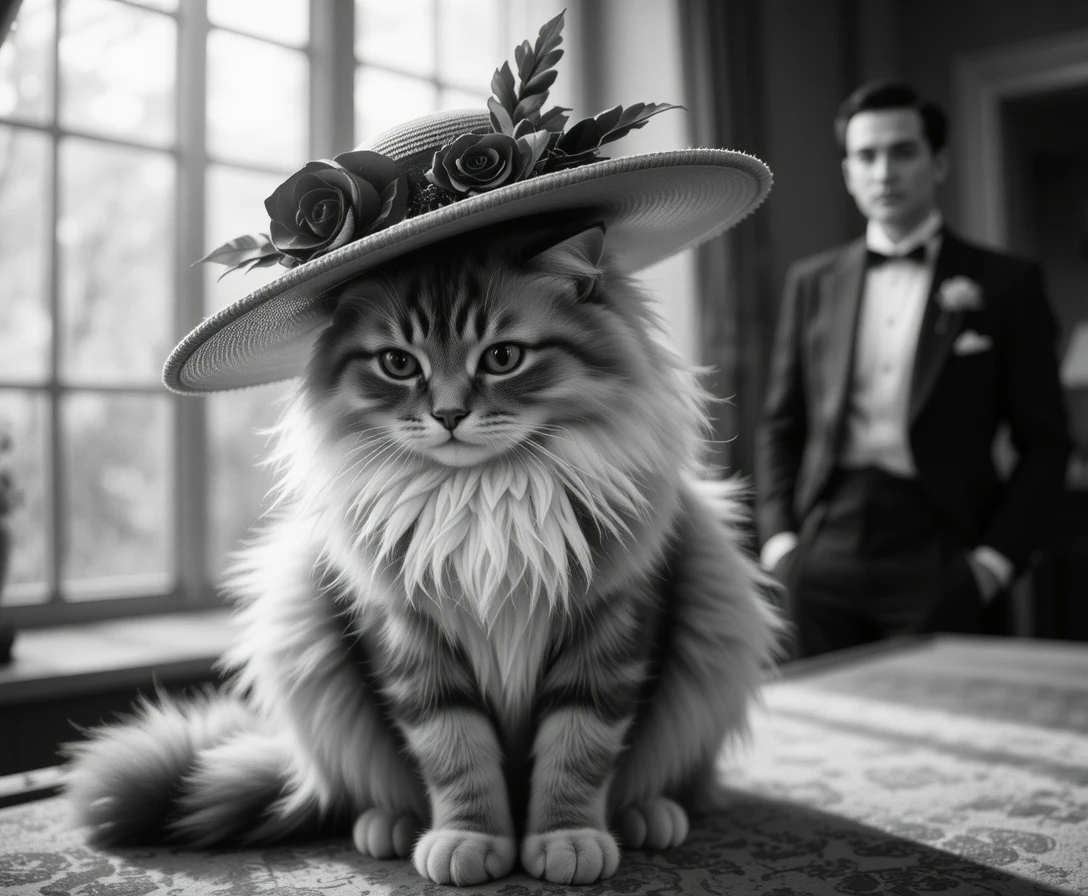 Gato esponjoso arcoíris con sombrero vintage en retrato de cine monocromático