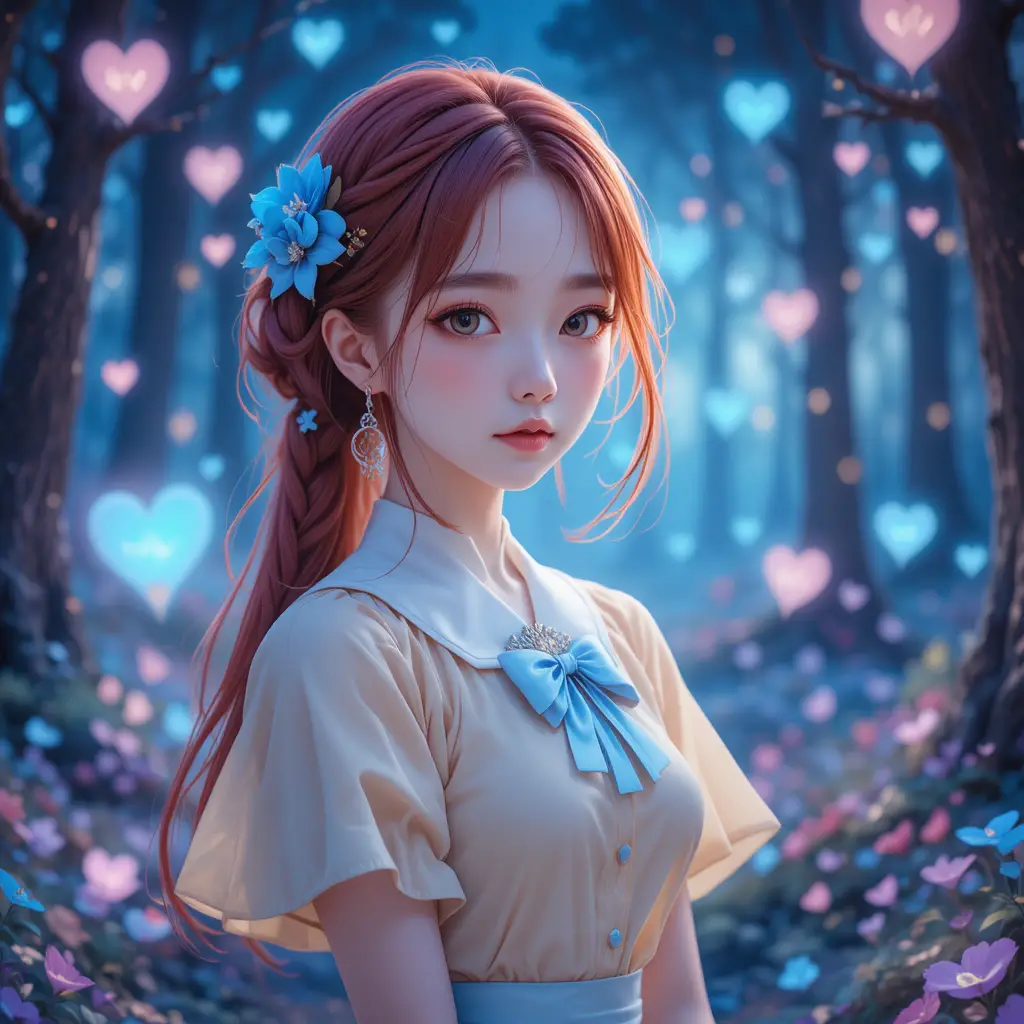 Fille anime dans un portrait de forêt magique nocturne lumineuse