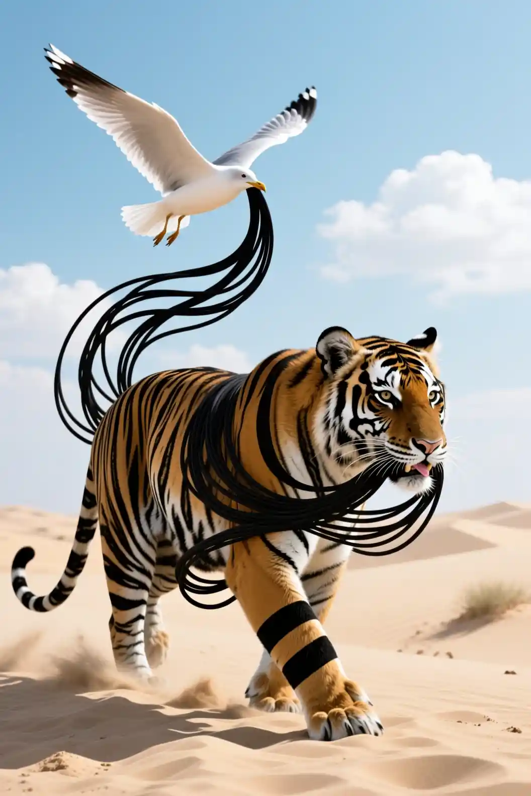 Surreal Bengal Tiger Walking Across Sunny Sand Dunes