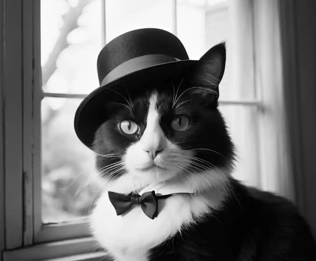 Flauschige Regenbogenkatze mit Vintage-Hut im Schwarz-Weiß-Porträt