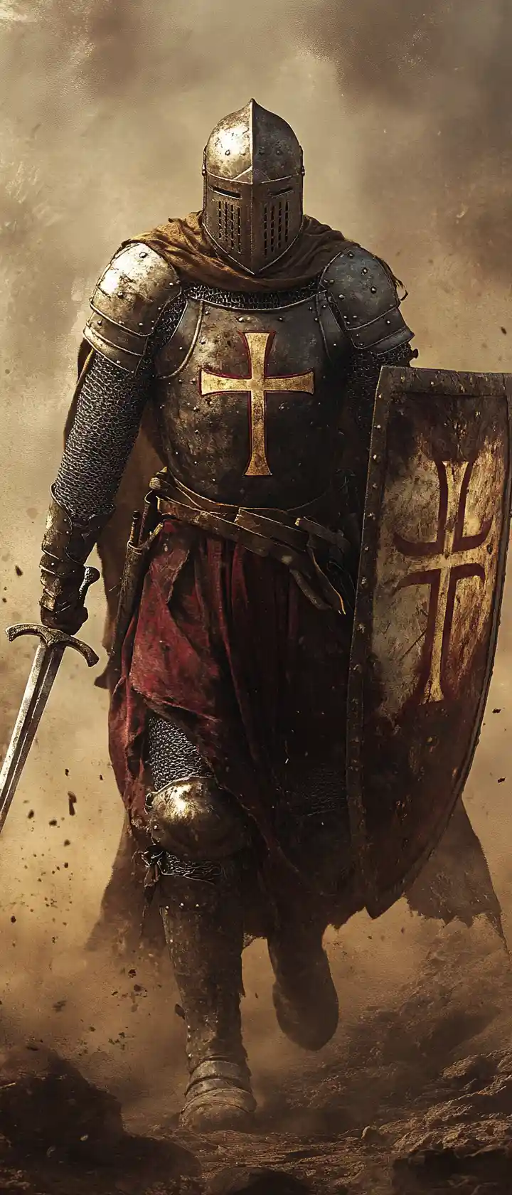 Medieval knight striding through dust in dramatic armor