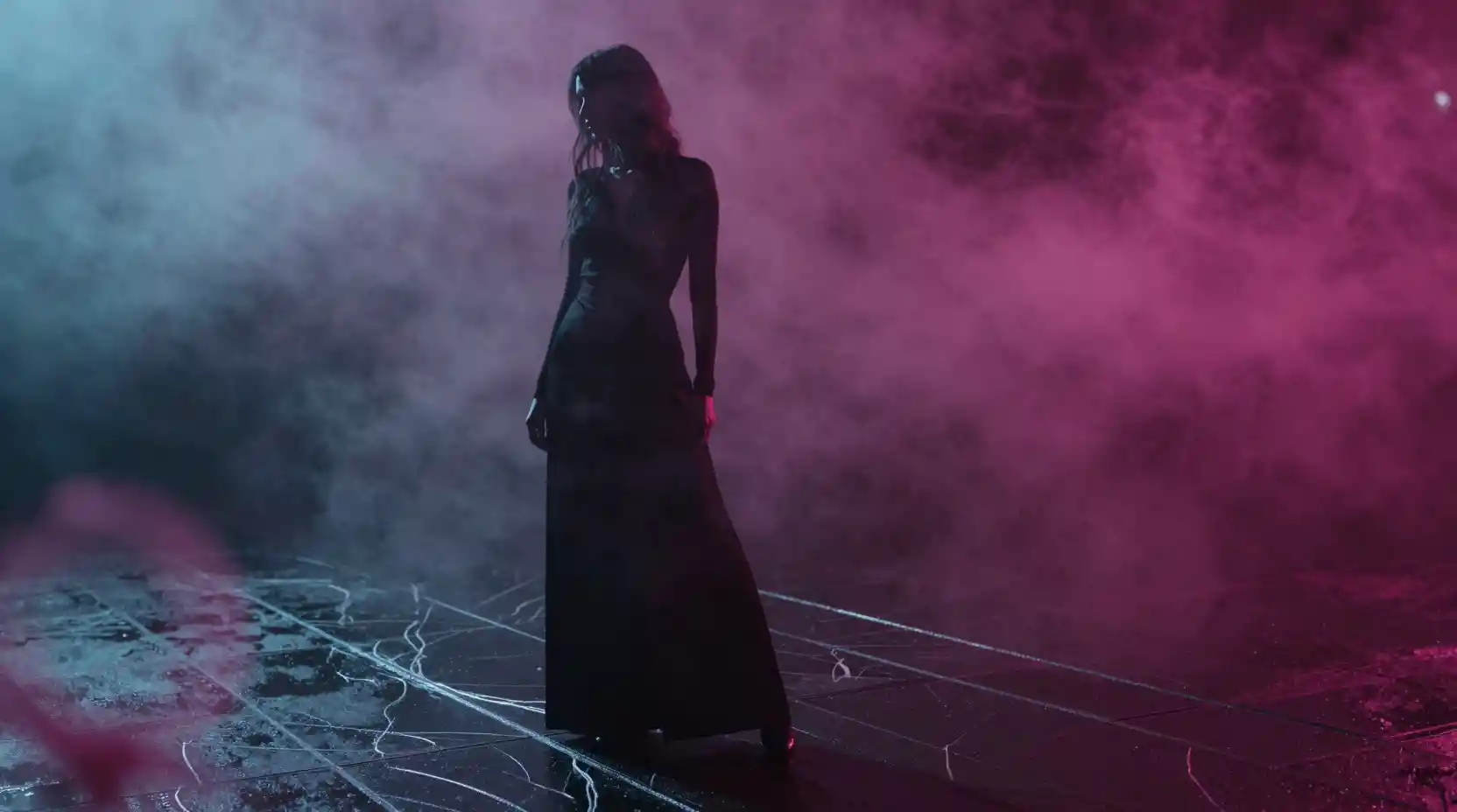Woman in swirling neon fog on wet obsidian pavement