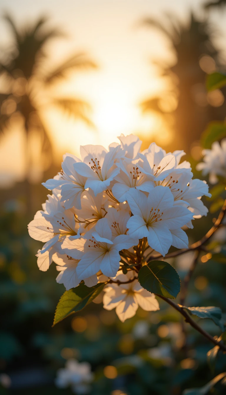Close up of pale flowers in warm tropical sunset light
