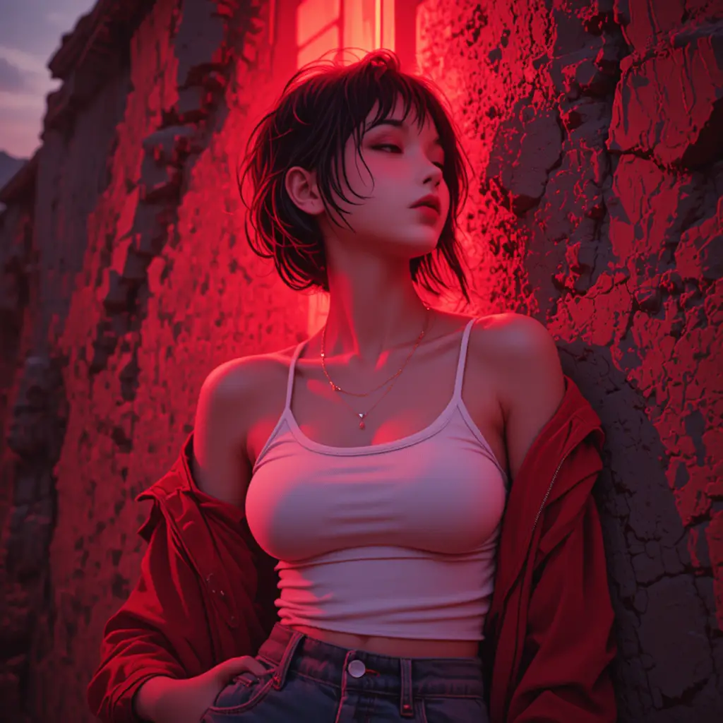 Young woman in red light leaning against a rock wall