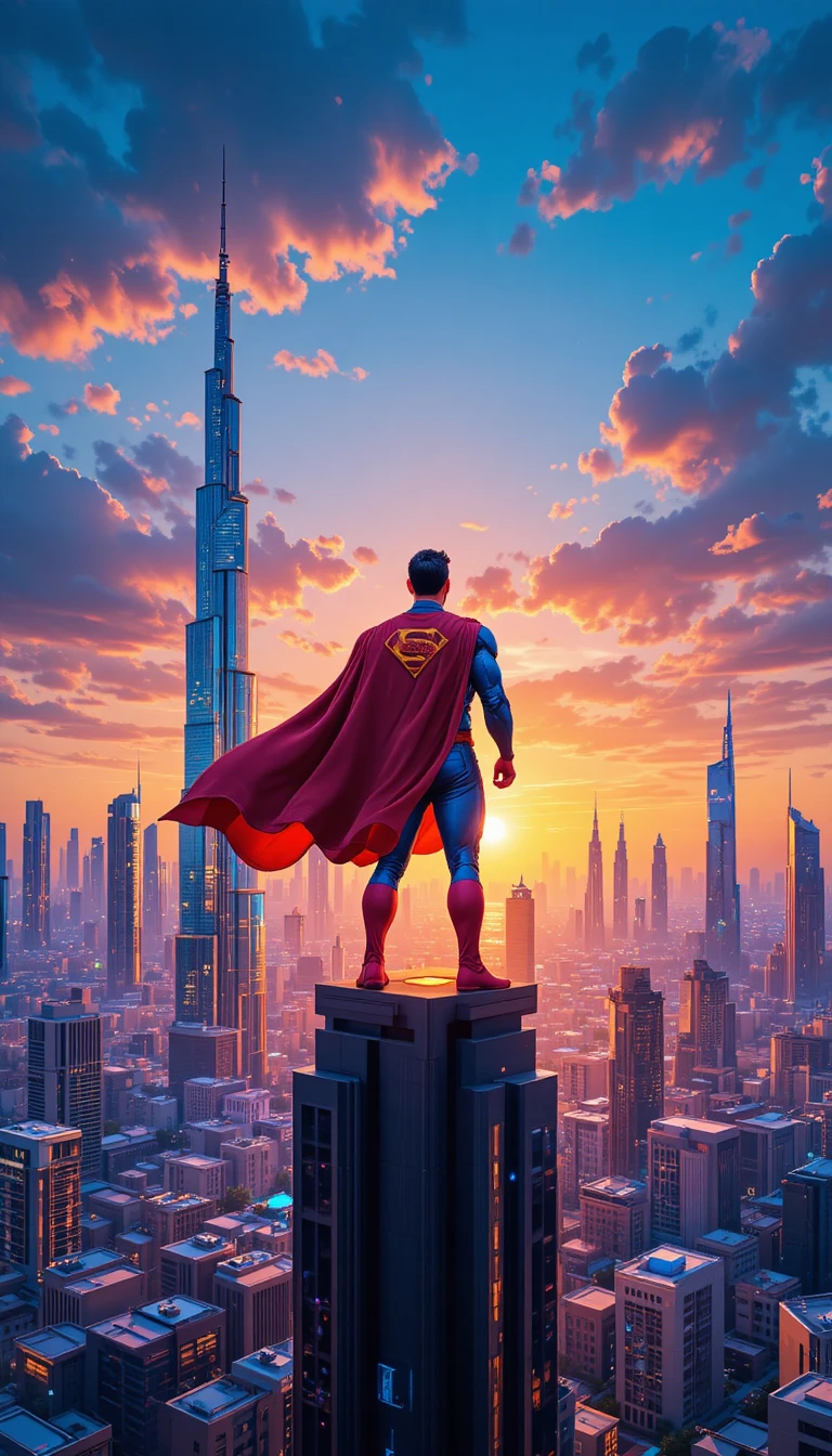 Superheld blickt bei leuchtendem Sonnenuntergang über Dubais Skyline