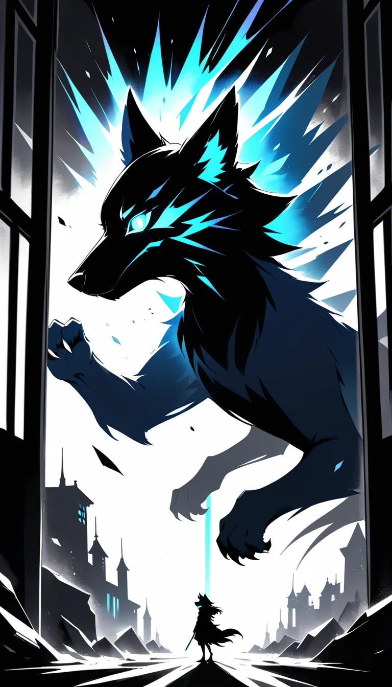 Lonely dark building with glowing wolf shaped light