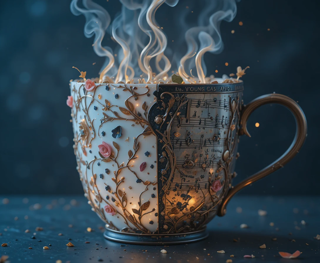 Taza de café geométrica surrealista que se transforma en una ornamentada máscara de carnaval