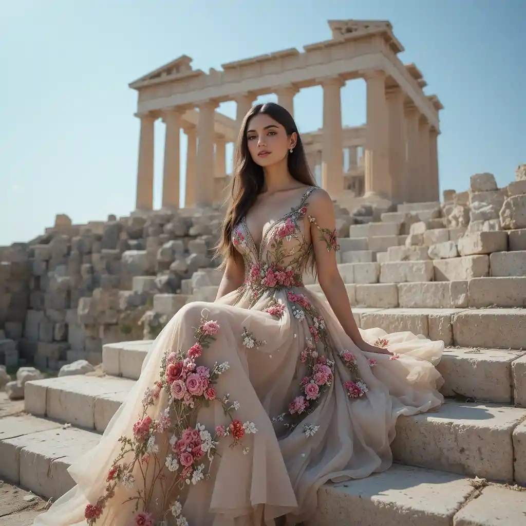 Young woman in embroidered gown on Acropolis stone steps