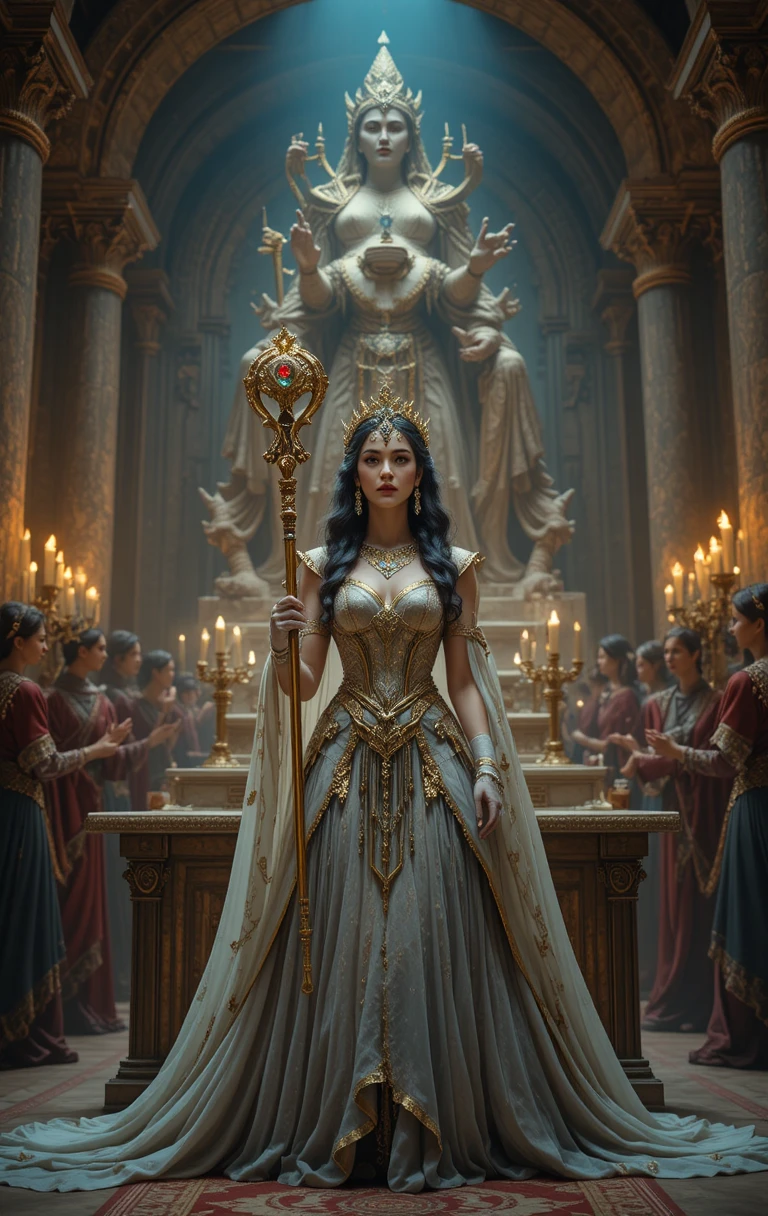Regal queen leading a grand ceremony in ancient temple