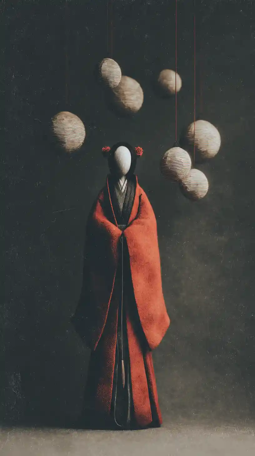 Traditional Chinese bride in red felted portrait with lantern