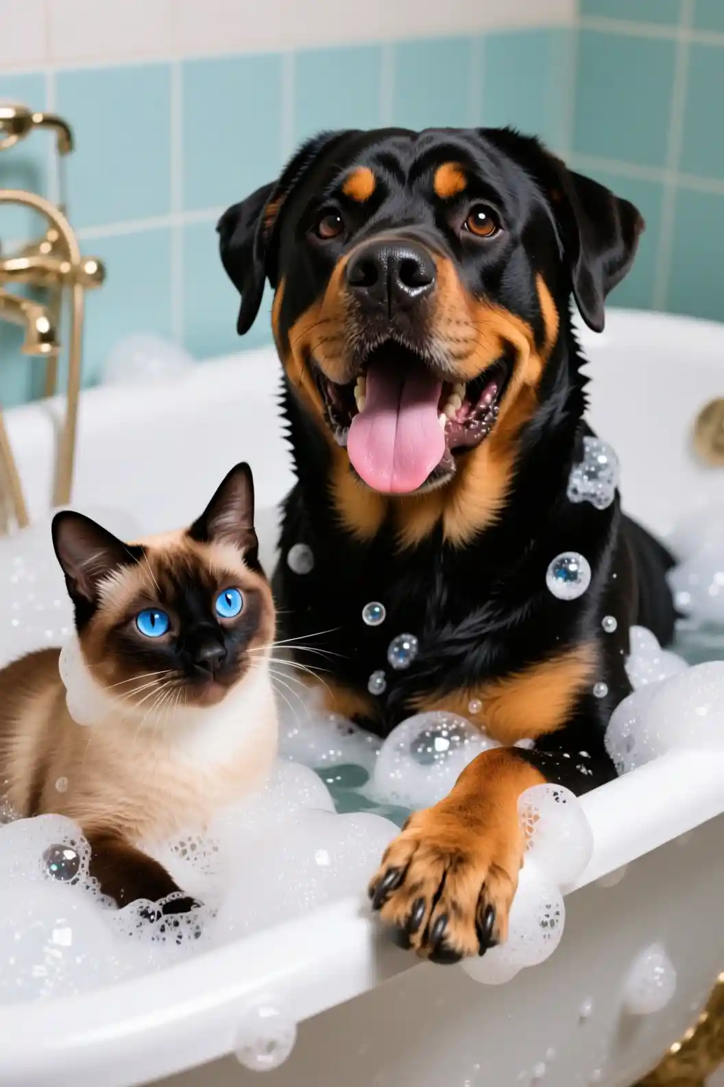 Rottweiler and Siamese cat sharing a playful bubble bath