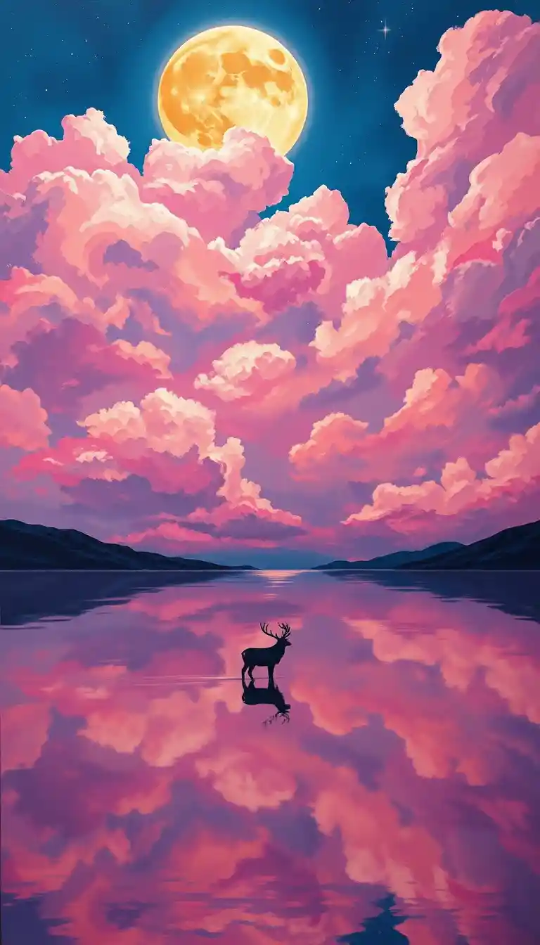 Surreal reindeer crossing a moonlit lake in pastel sky
