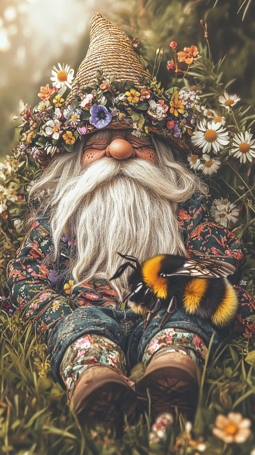 Whimsical garden gnome relaxing beside a friendly bumblebee
