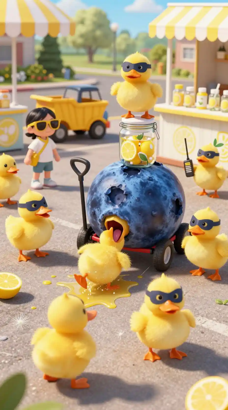 Duckling heist at a suburban kids lemonade stand