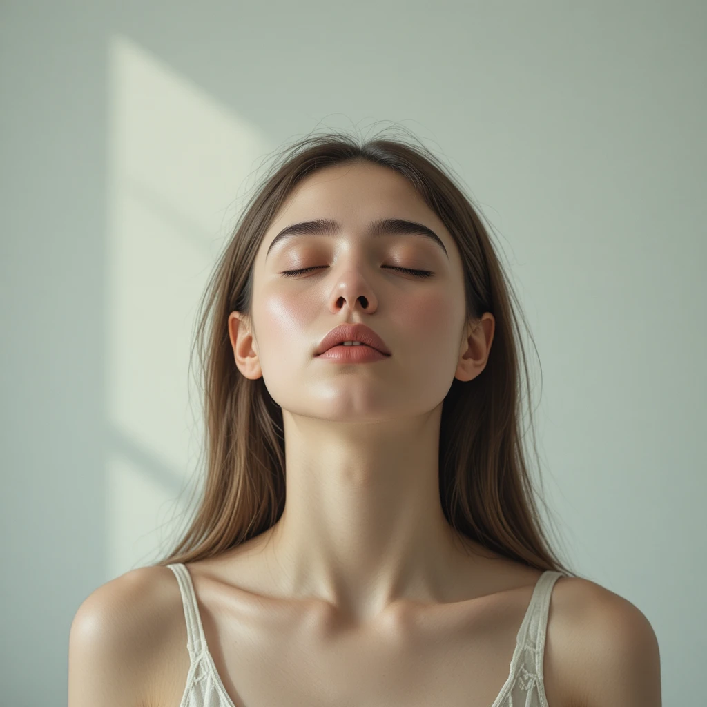 Donna calma che espira dolcemente a occhi chiusi in una luce soffusa