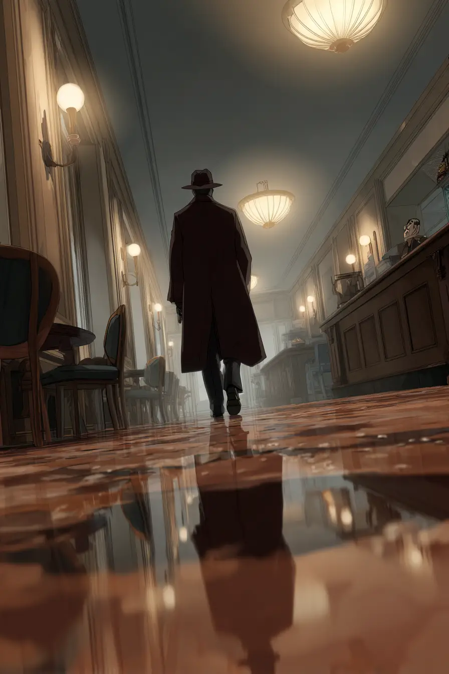 Wet man in fedora walking through a vintage hotel lobby