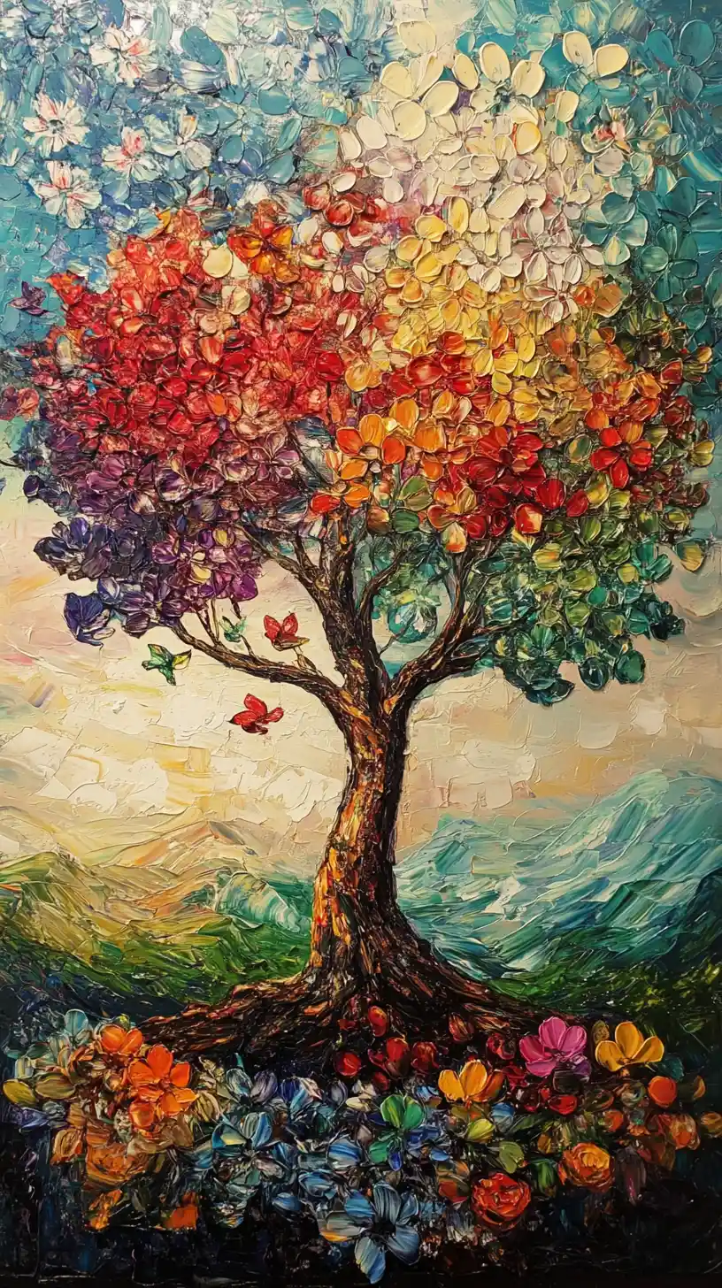 Impressionistischer Baum des Lebens in vier farbenfrohen Jahreszeiten
