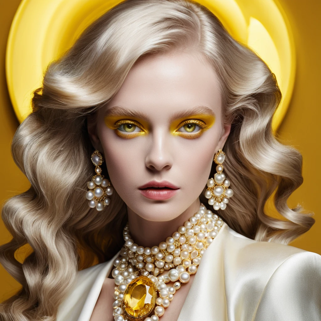 Pearlescent fashion woman portrait with glowing yellow eyes