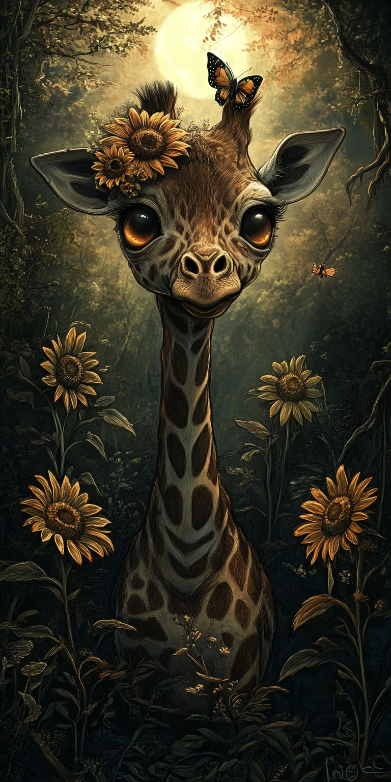Baby giraffe in a shadowy enchanted forest meadow