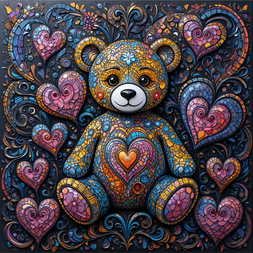 Colorful zentangle teddy bear surrounded by patterned hearts