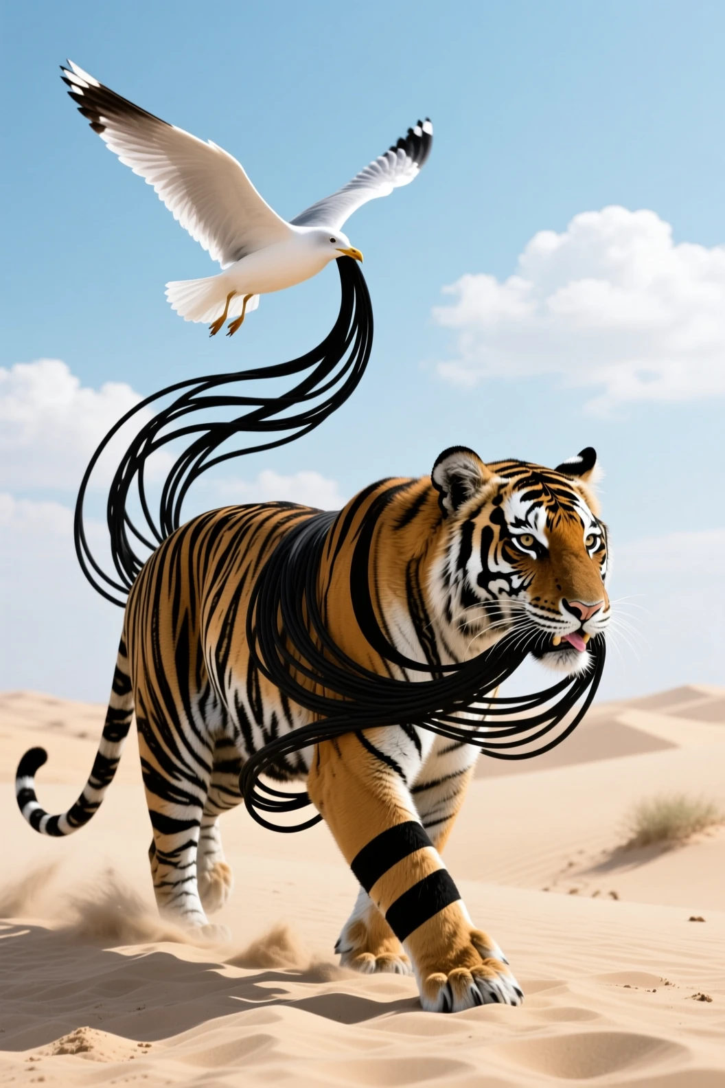 Surreal Bengal Tiger Walking Across Sunny Sand Dunes