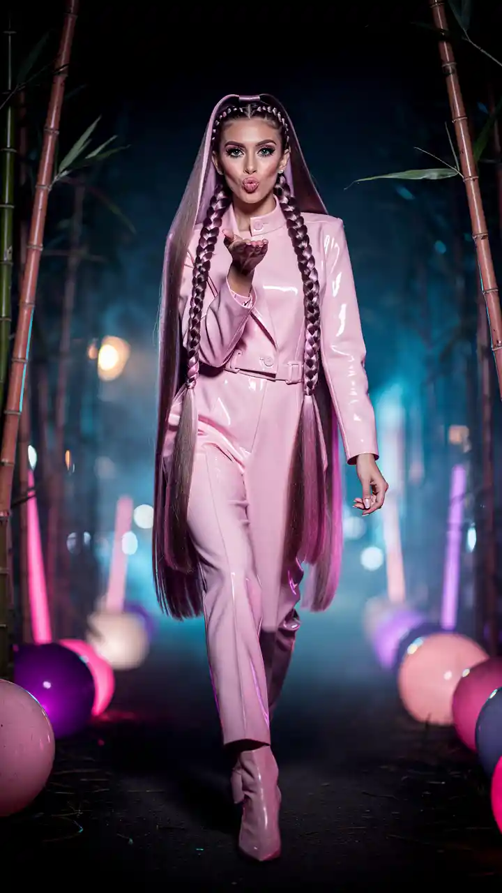 Supermodella da passerella su corsia color bubblegum che manda un bacio