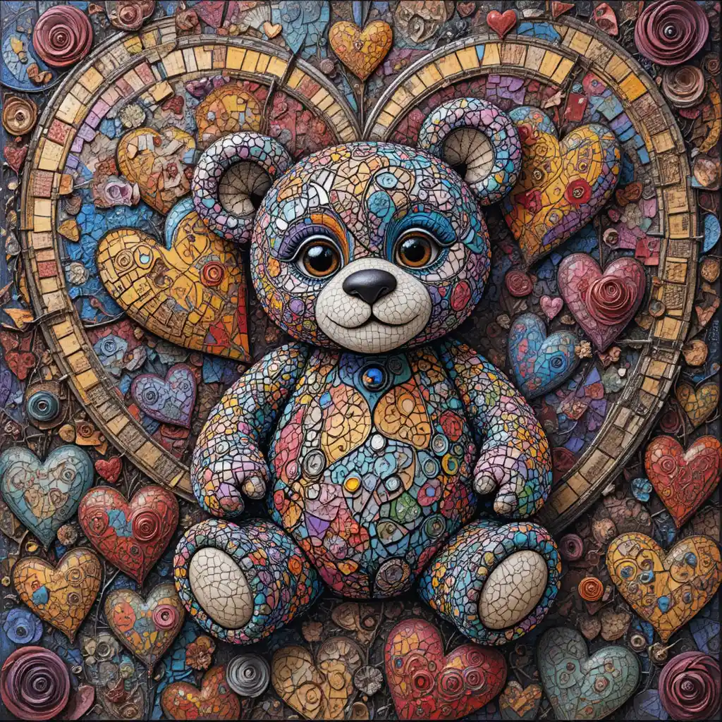 Colorful zentangle teddy bear surrounded by patterned hearts