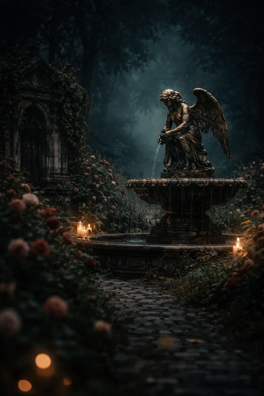 Fonte de pedra ornamentada com anjo em um jardim de rosas escuro