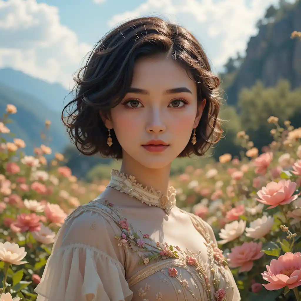 Young woman in ornate fantasy dress in flower garden