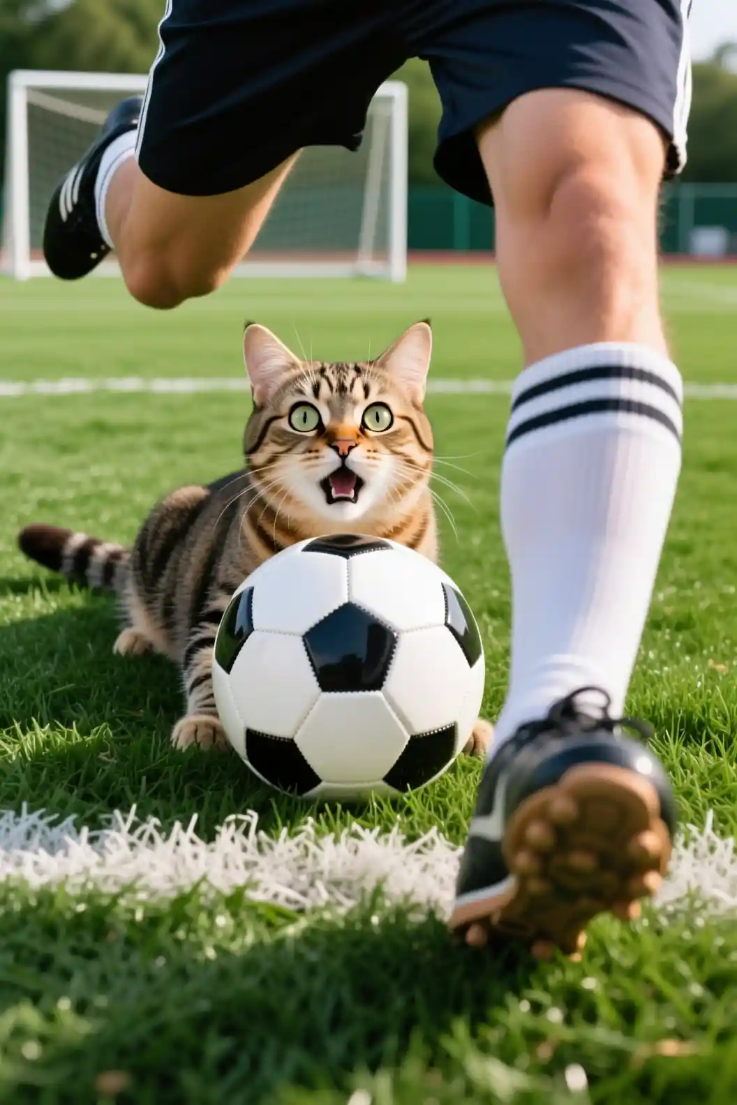 Verängstigte Katze versteckt sich hinter Fußball auf grünem Spielfeld