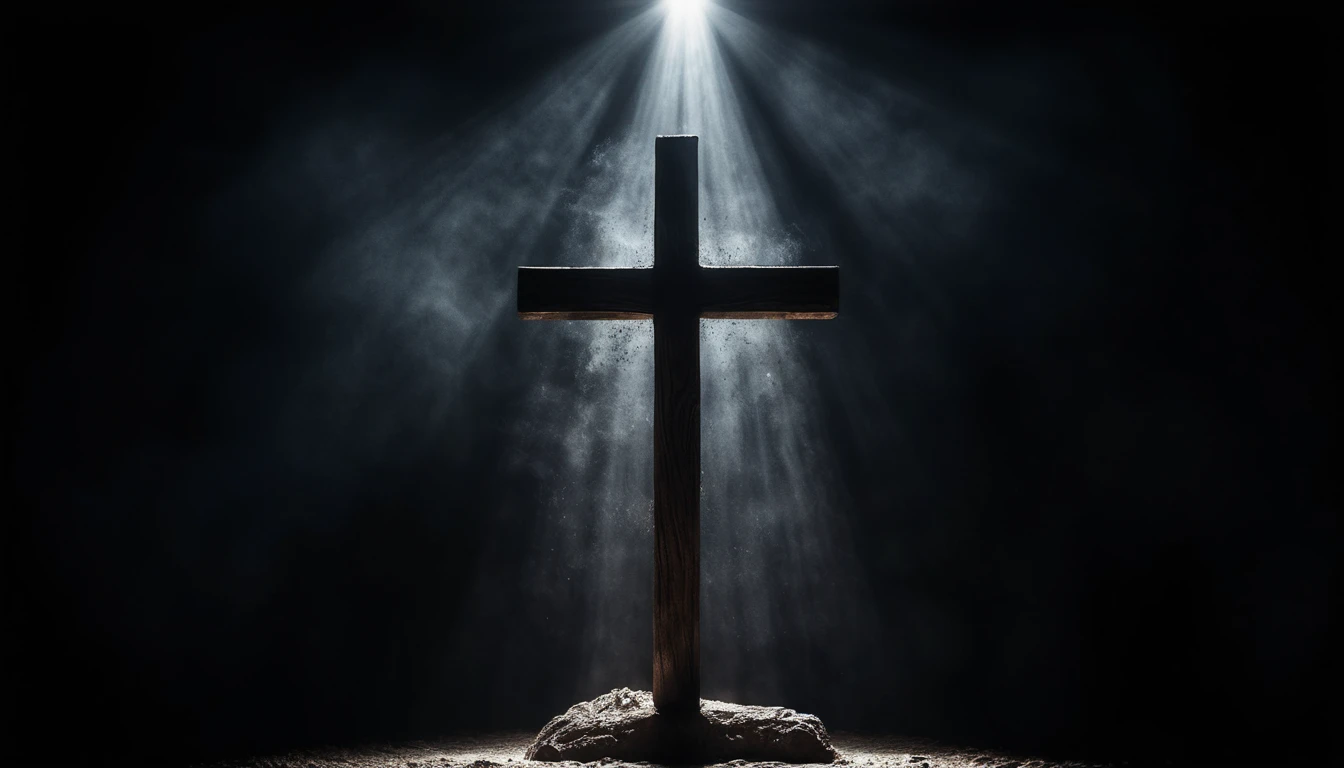 Silueta de cruz de madera iluminada por un único haz dramático