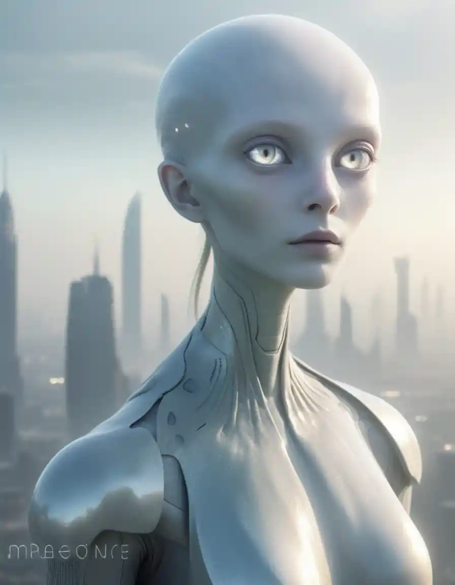 Androgynous Alien Figure Overlooking Misty Futuristic City