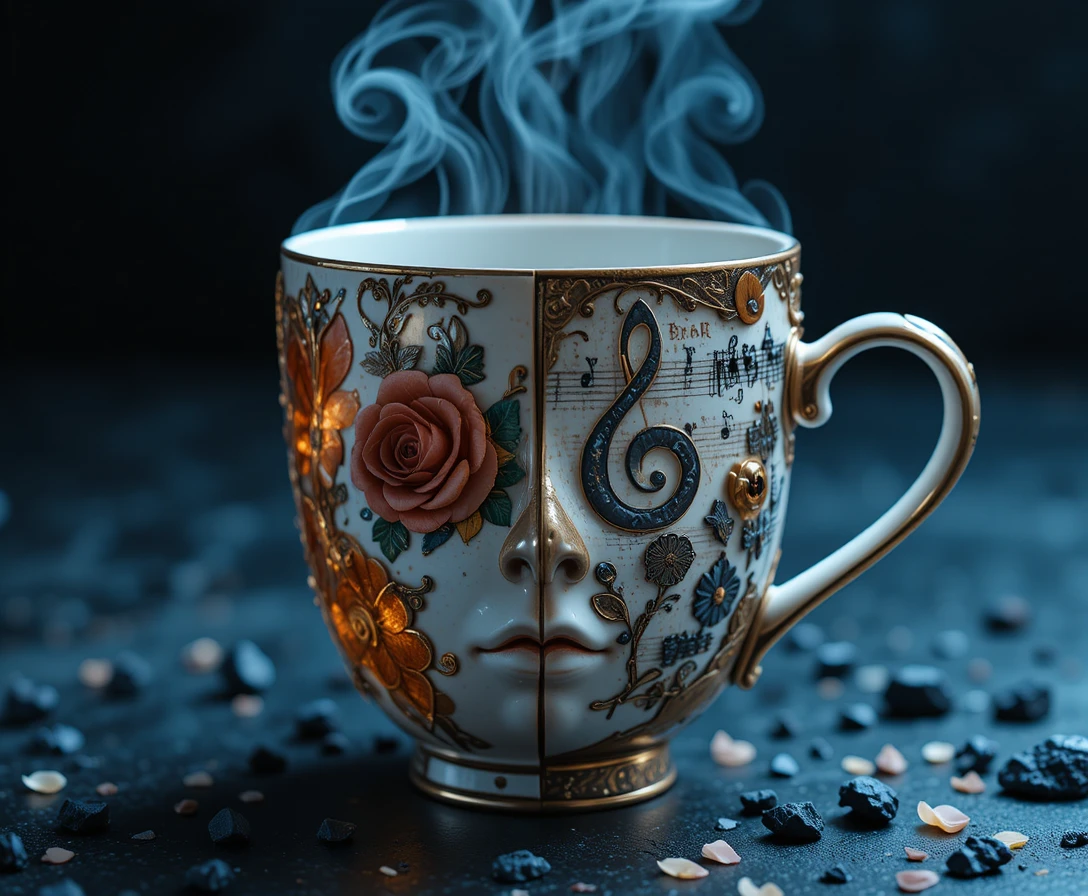 Taza de café geométrica surreal que se transforma en máscara de carnaval